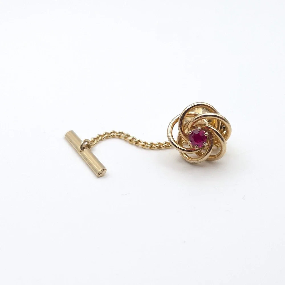 Vintage Gold Tone Knot Tie Tack Pink Stone Center‎ Chain T-Bar Accessory